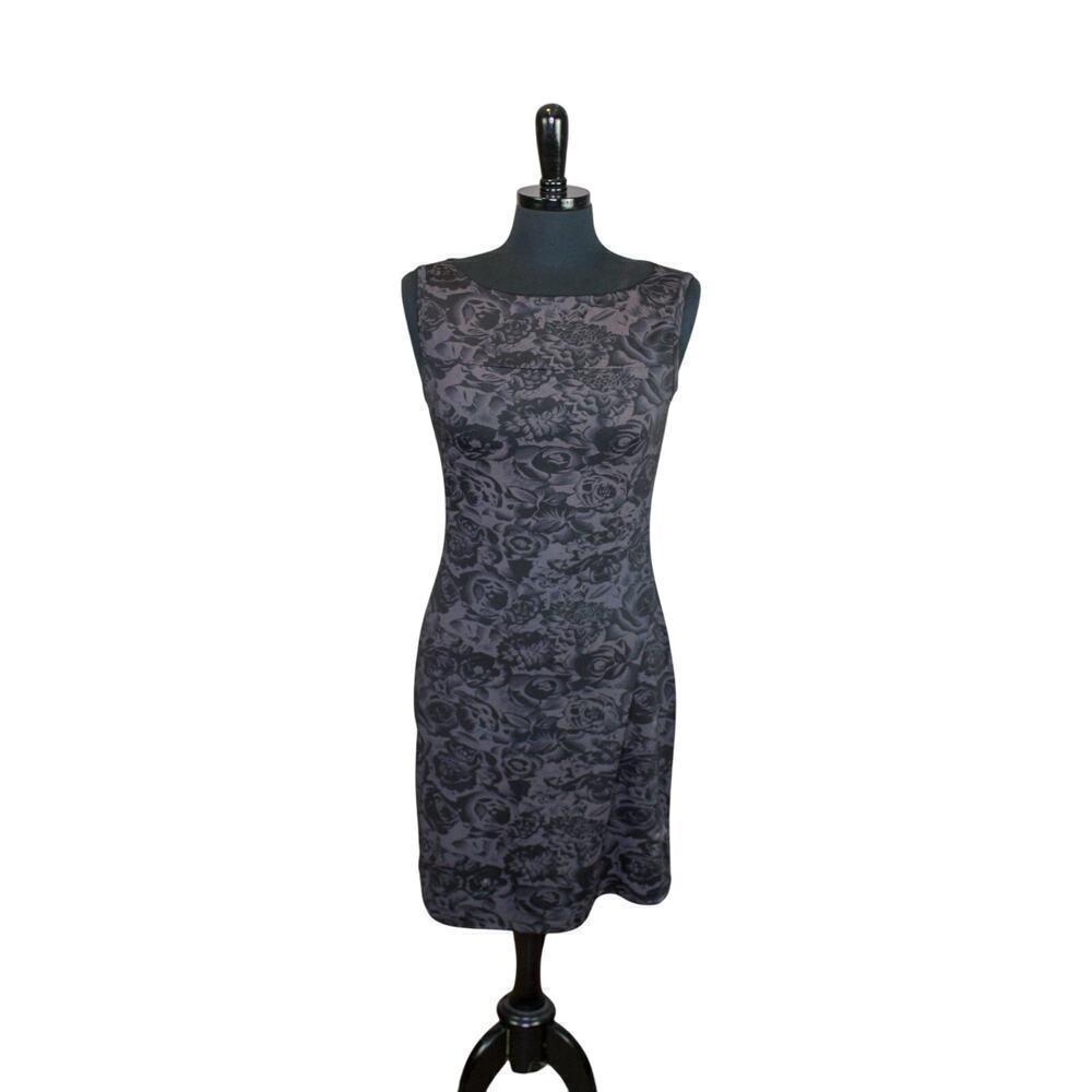 French Curve Sheath Tank Dress Black Rose Floral Print Resort Vacation